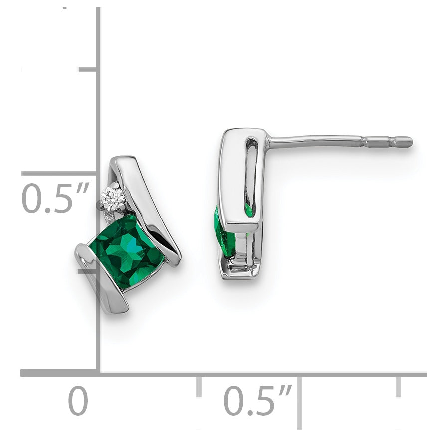 Sterling Silver Antique Cushion Created Emerald and Diamond Earrings