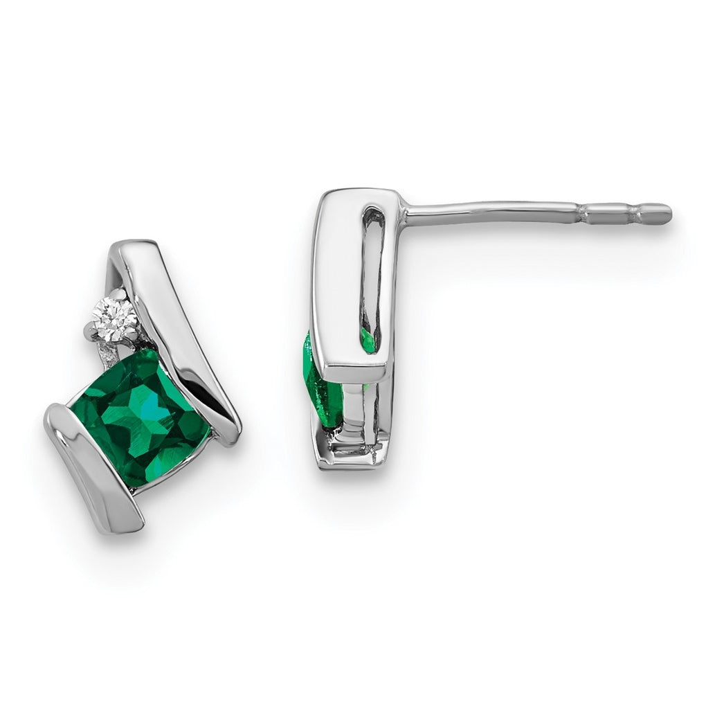 Sterling Silver Antique Cushion Created Emerald and Diamond Earrings