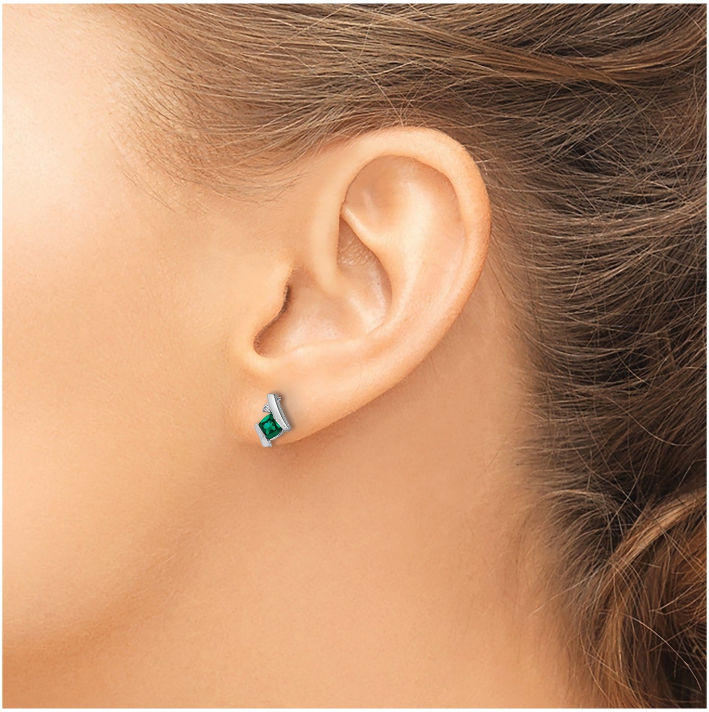 14K White Gold Cushion Cr. Emerald and Diamond Earrings