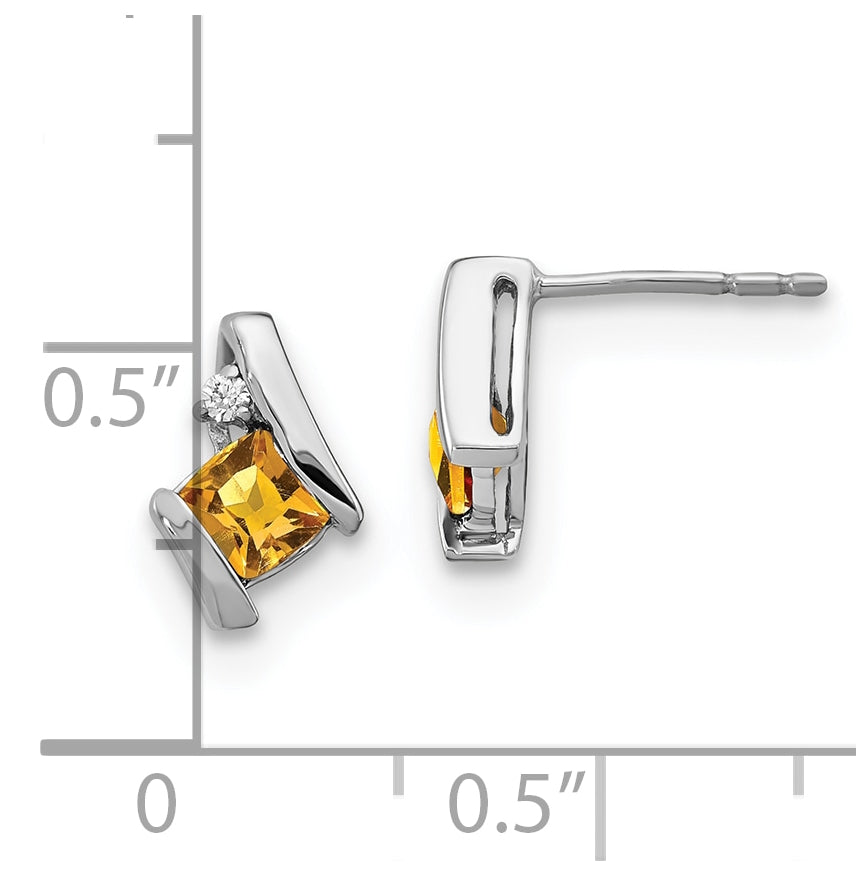 14K White Gold Cushion Citrine and Diamond Earrings