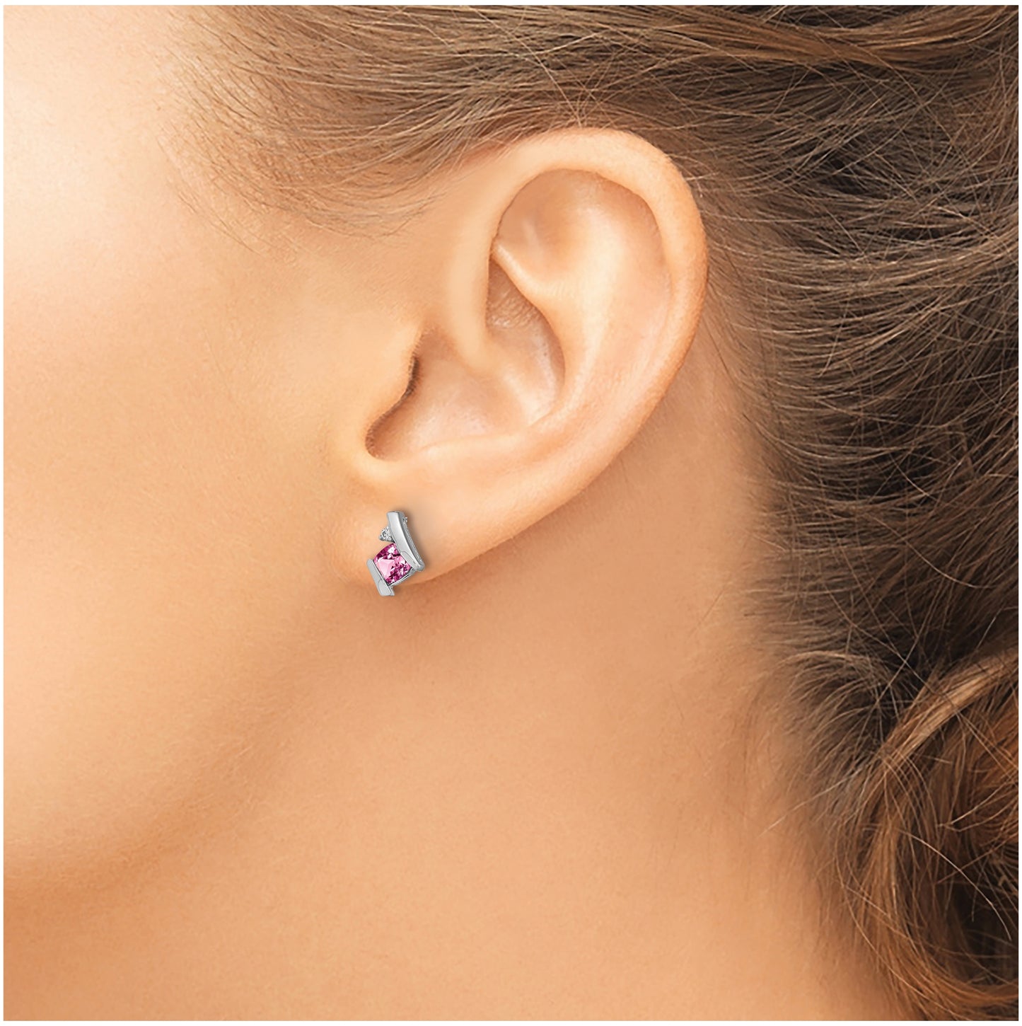10k White Gold Cushion Cr. Pink Sapphire and Diamond Earrings