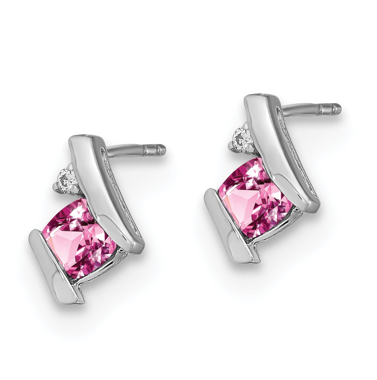 Sterling Silver Antique Cushion Created Pink Sapphire and Diamond Earrings