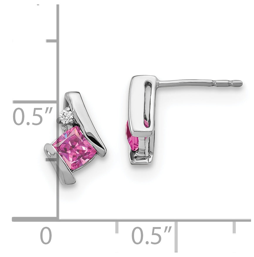 Sterling Silver Antique Cushion Created Pink Sapphire and Diamond Earrings