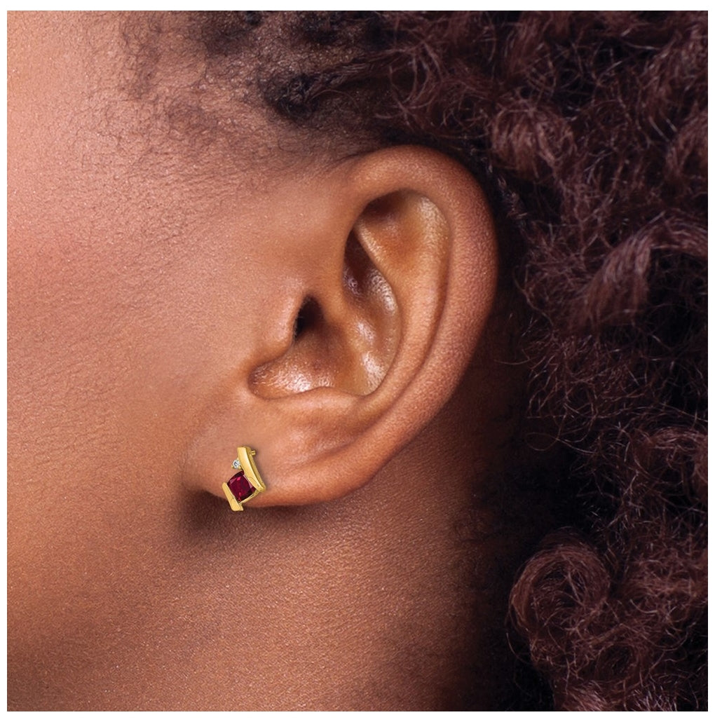 10k Yellow Gold Cushion Cr. Ruby and Diamond Earrings
