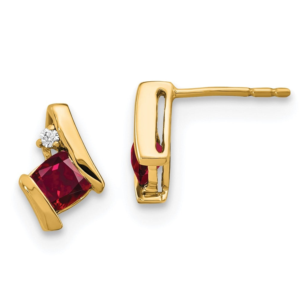 10k Yellow Gold Cushion Cr. Ruby and Diamond Earrings