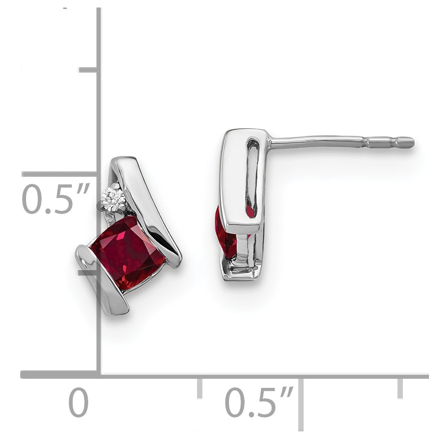 Sterling Silver Antique Cushion Created Ruby and Diamond Earrings