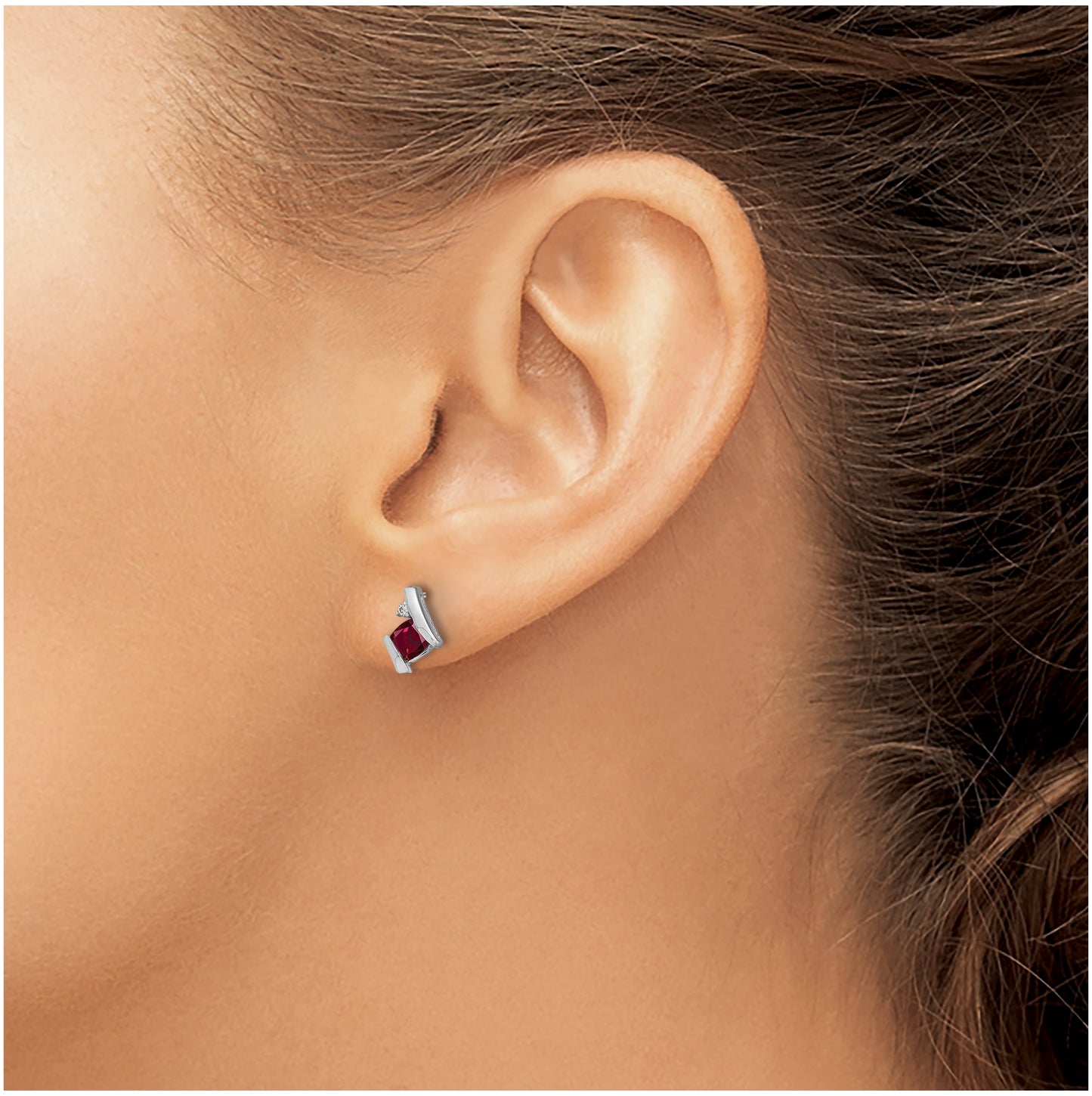 14K White Gold Cushion Cr. Ruby and Diamond Earrings