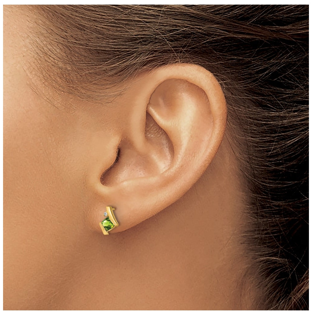 10k Yellow Gold Cushion Peridot and Diamond Earrings