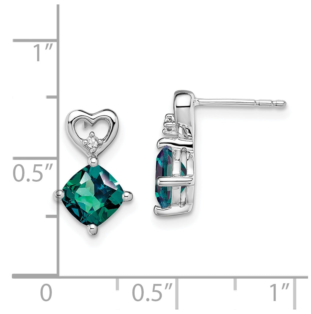 14k White Gold Created Alexandrite and Diamond Heart Earrings