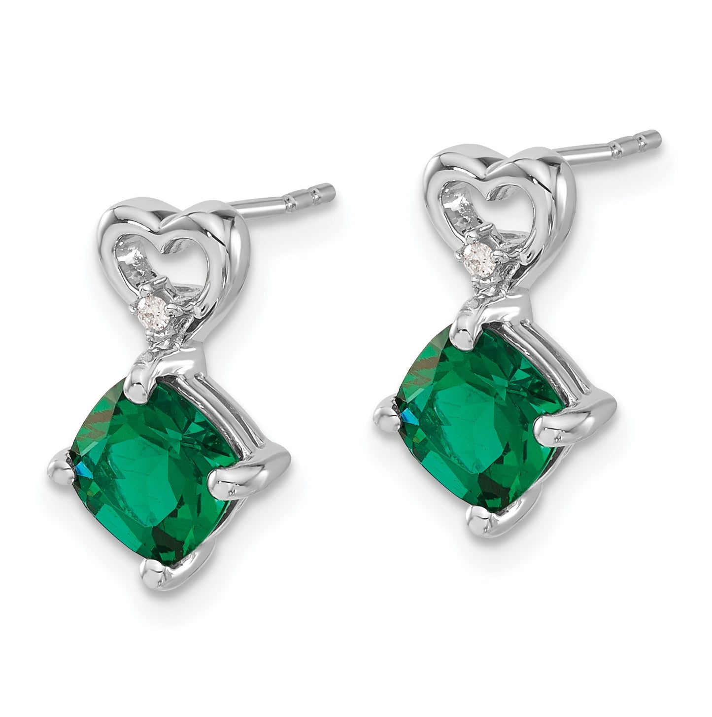 14k White Gold Created Emerald and Diamond Heart Earrings