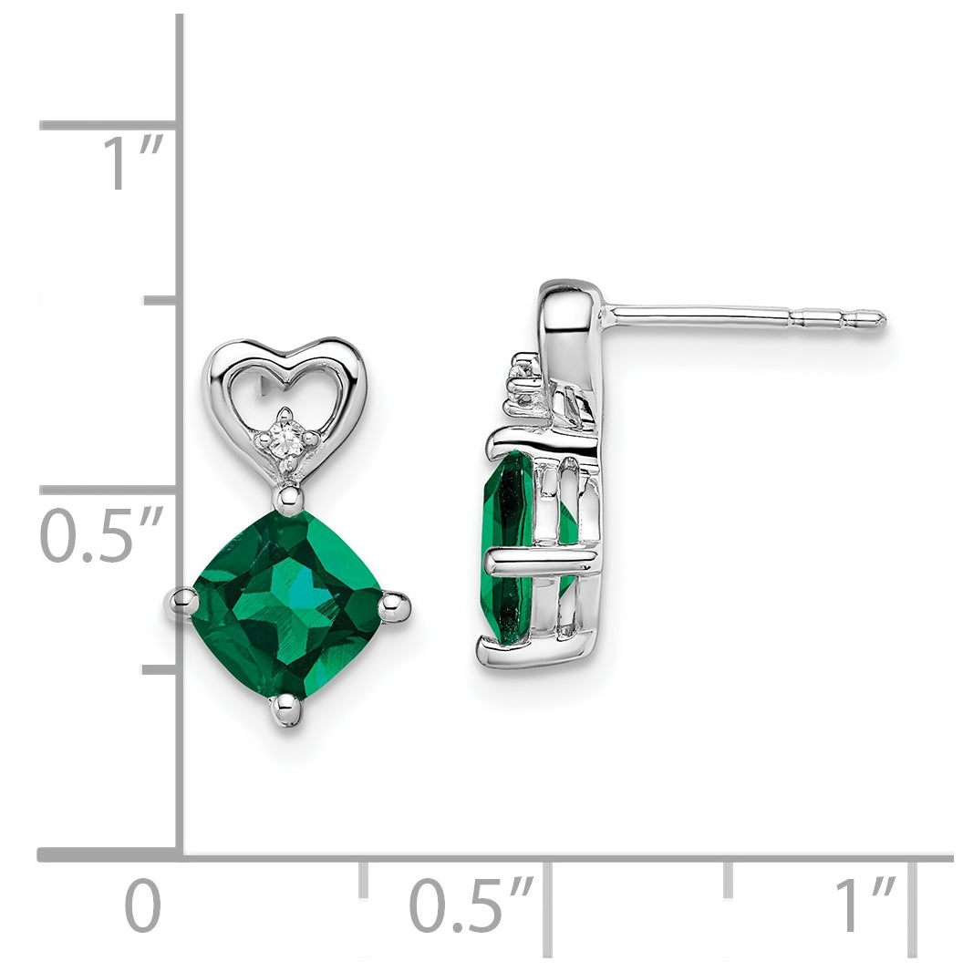 14k White Gold Created Emerald and Diamond Heart Earrings