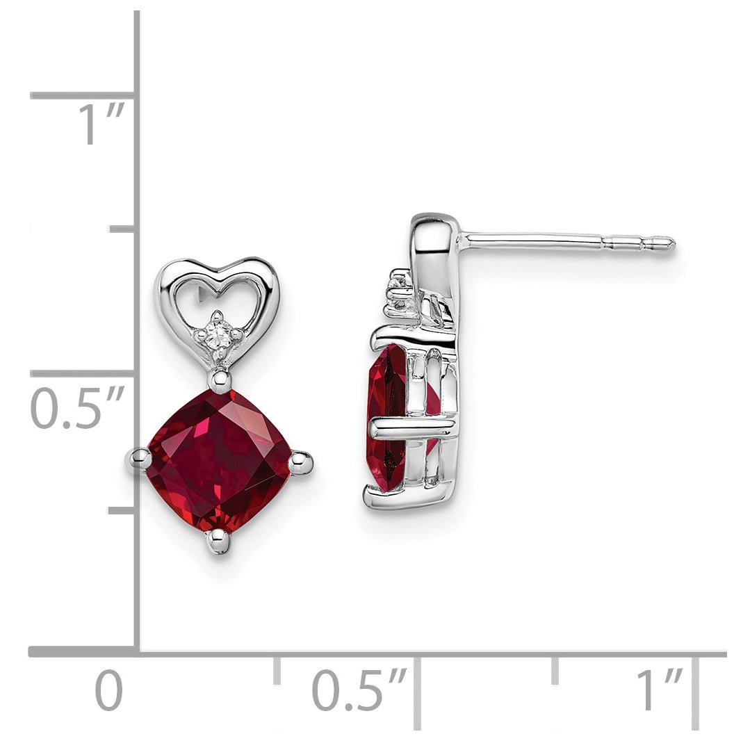 14k White Gold Created Ruby and Diamond Heart Earrings