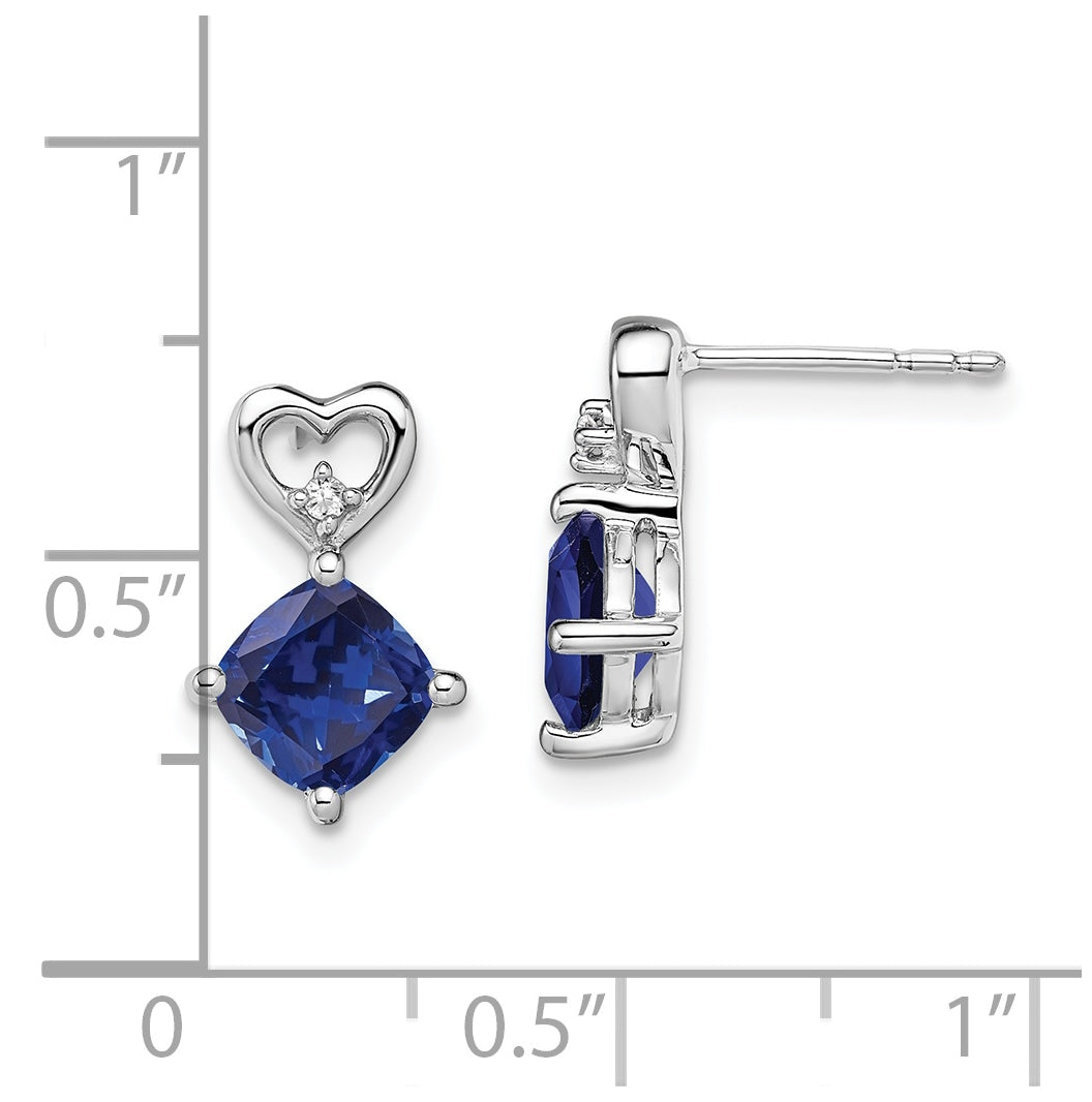 14k White Gold Created Sapphire and Diamond Heart Earrings