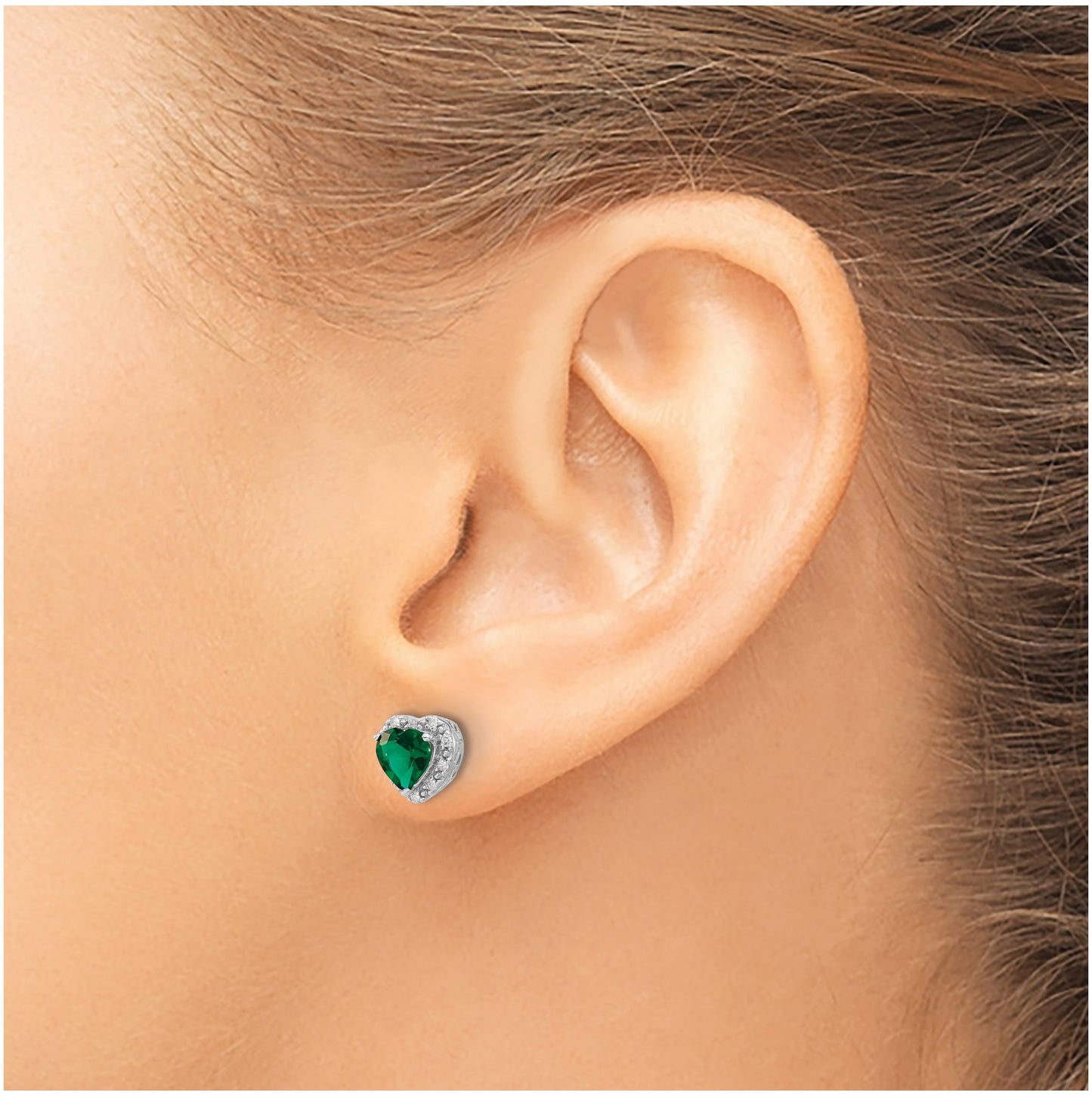 Sterling Silver Rhodium plated Created-Emerald and Diamond Earrings