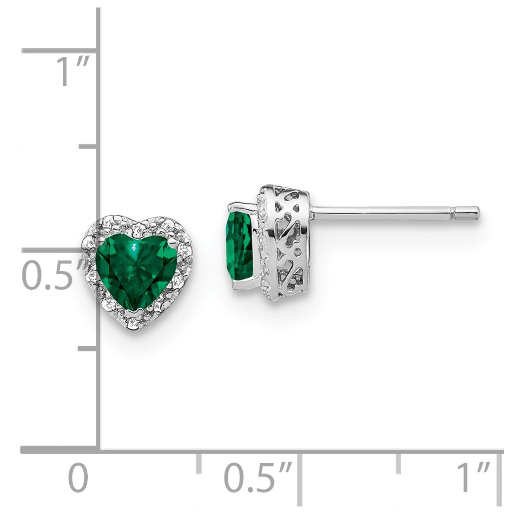 Sterling Silver Rhodium plated Created-Emerald and Diamond Earrings