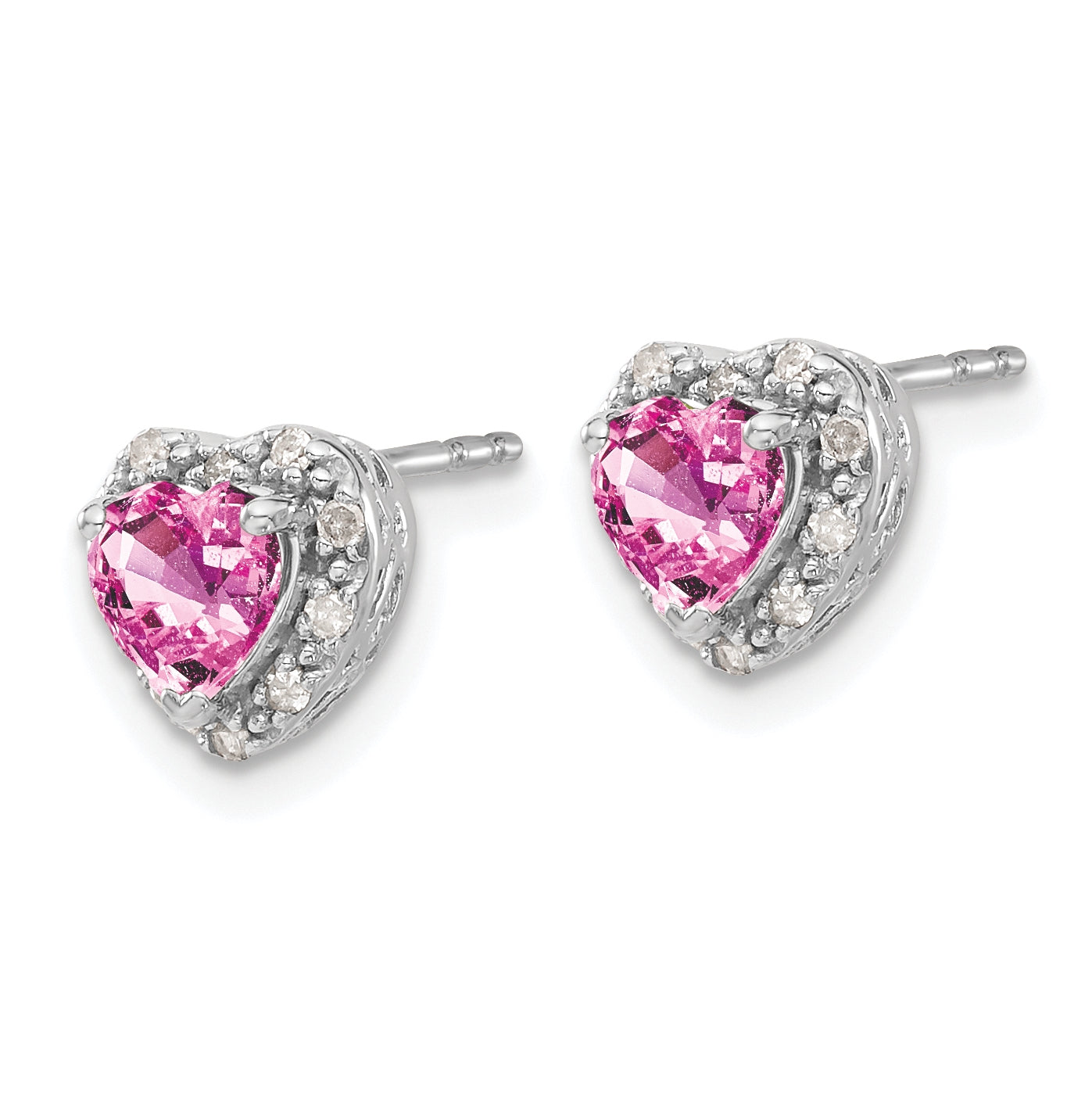 Sterling Silver Rhodium Plated Created Pink-Sapphire and Diamond Earrings