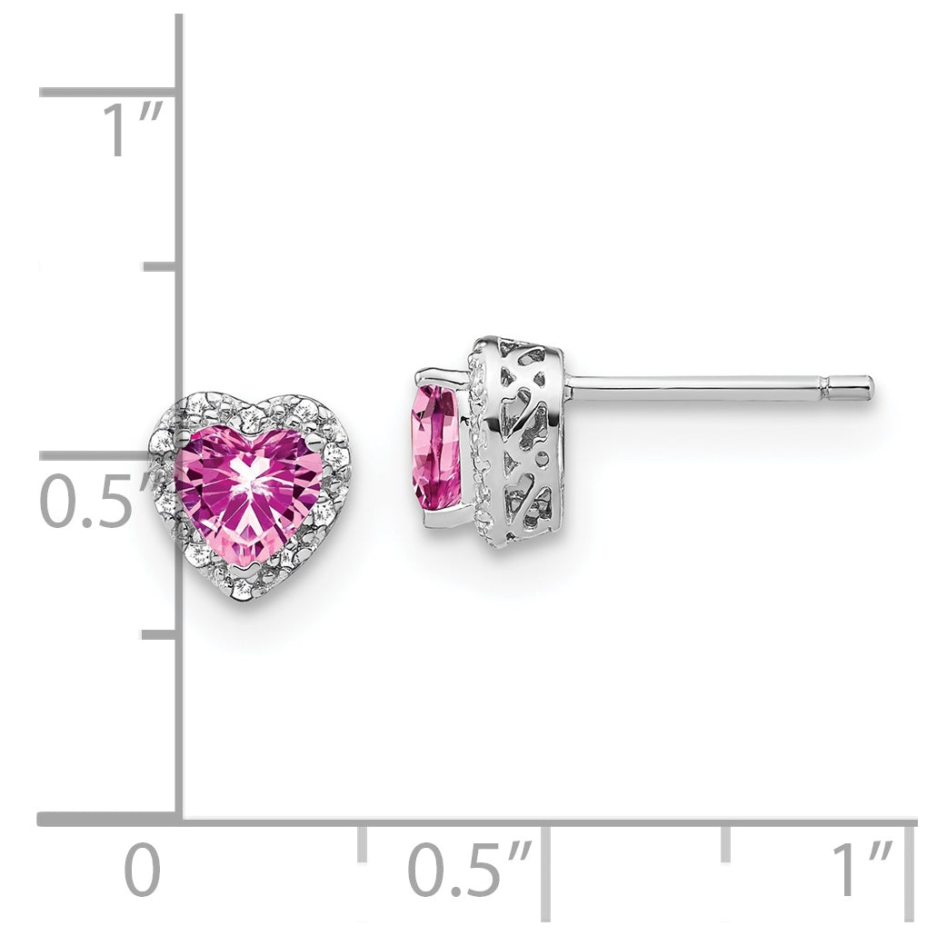 Sterling Silver Rhodium Plated Created Pink-Sapphire and Diamond Earrings