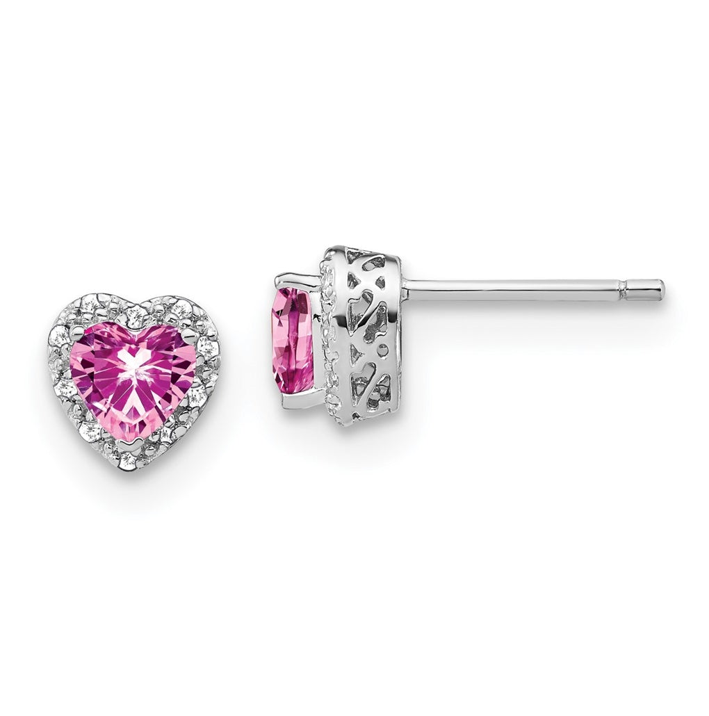 Sterling Silver Rhodium Plated Created Pink-Sapphire and Diamond Earrings