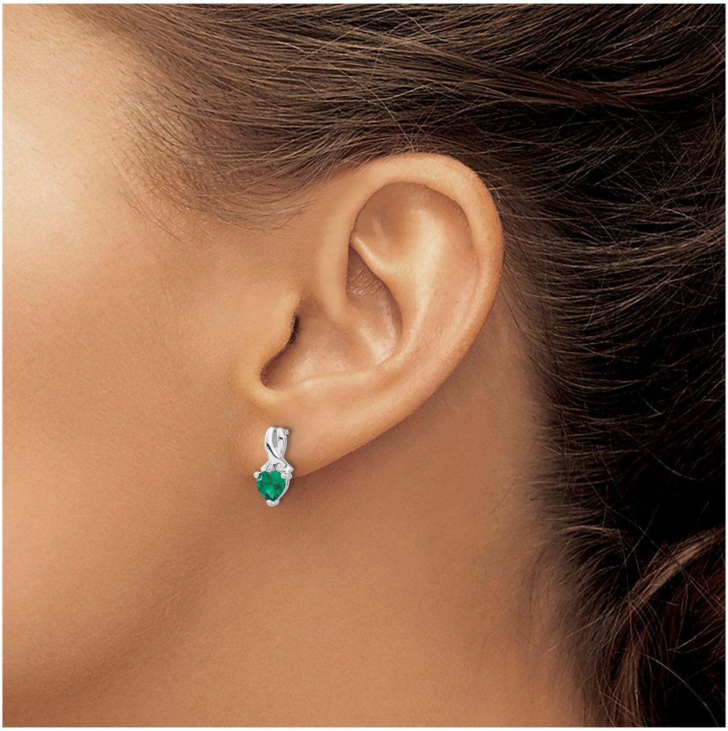 Sterling Silver Rhodium plated Created Emerald & Diamond Earrings