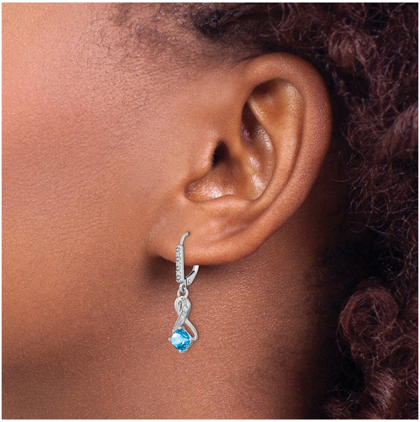 Sterling Silver Rhodium plated Blue Topaz and Diamond Earring