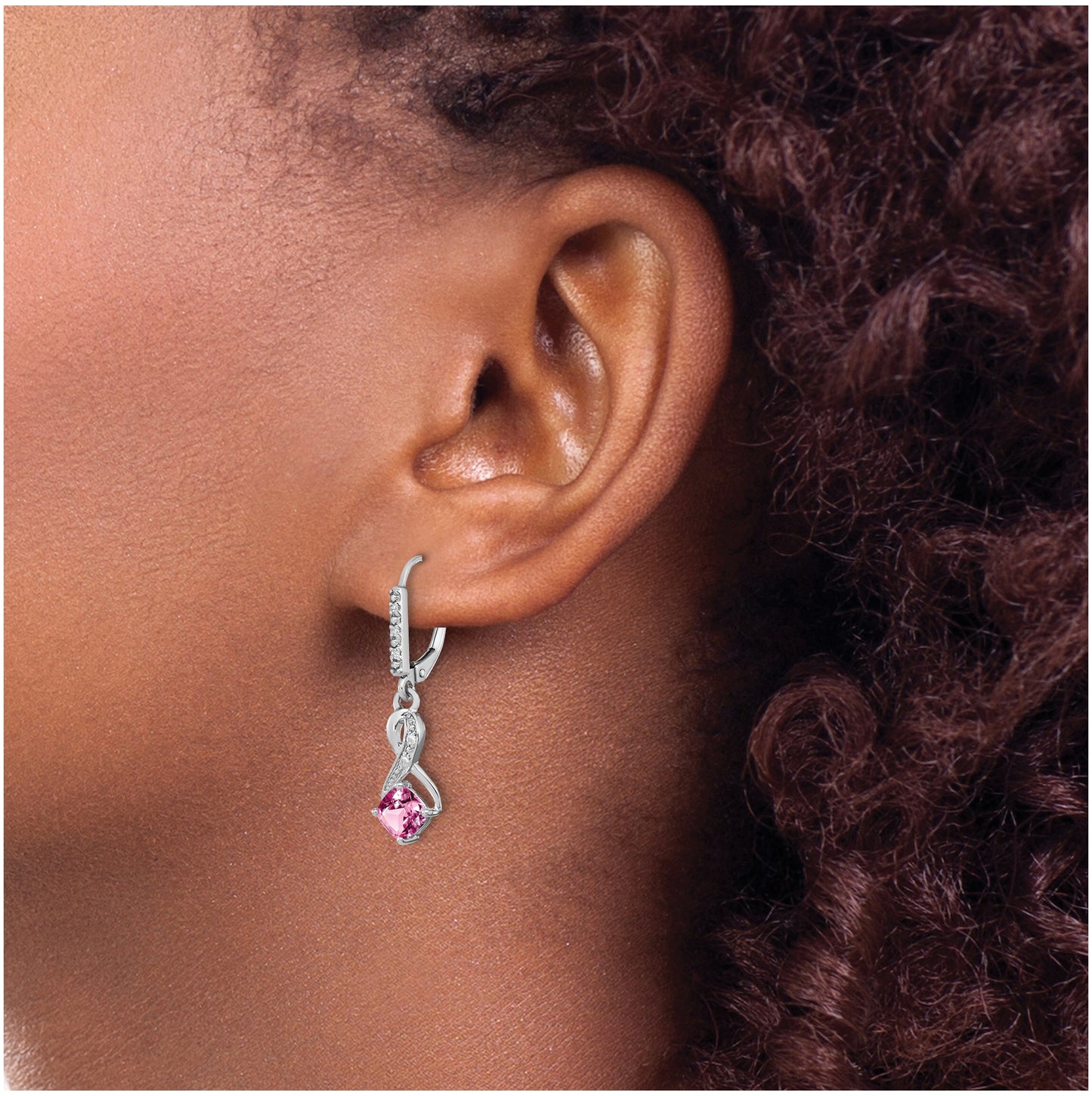 Sterling Silver Rhodium plated Creat. Pink Sapphire and Diamond Earring