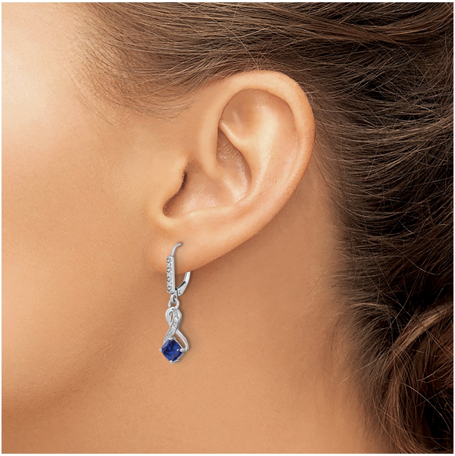 Sterling Silver Rhodium plated Created Sapphire and Diamond Earring