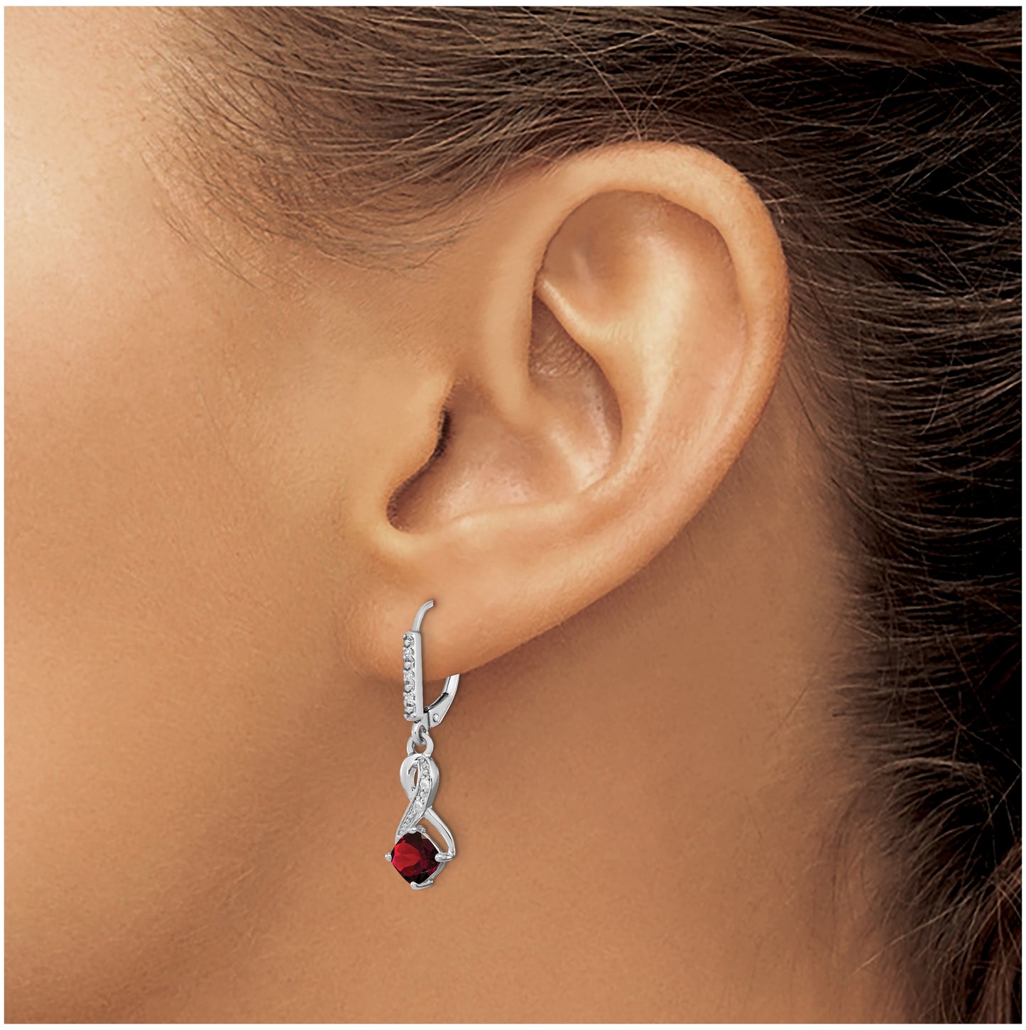 Sterling Silver Rhodium plated Garnet and Diamond Earring