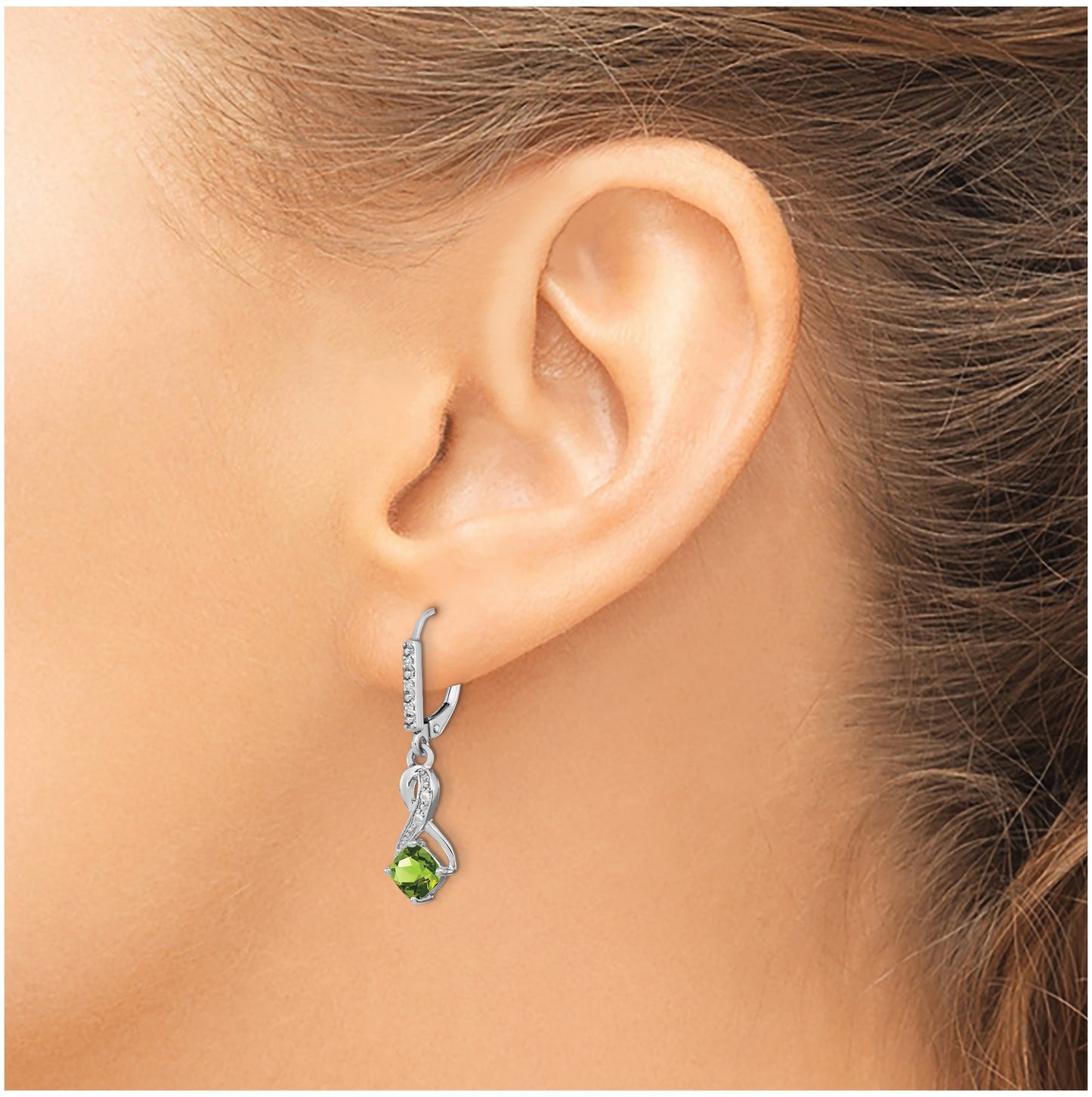Sterling Silver Rhodium plated Peridot and Diamond Earring