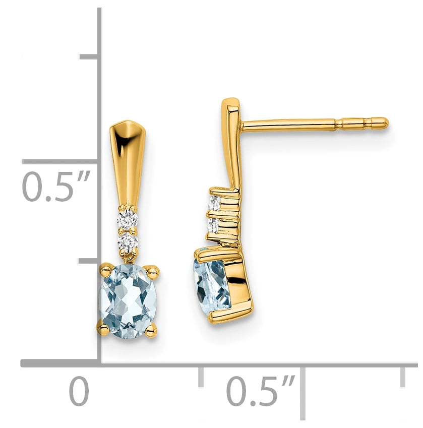 14K Yellow Gold Oval Aquamarine and Diamond Dangle Earrings
