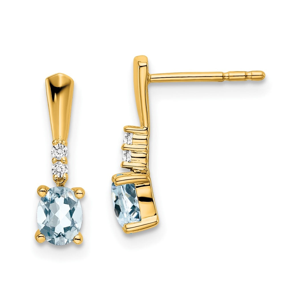 14K Yellow Gold Oval Aquamarine and Diamond Dangle Earrings