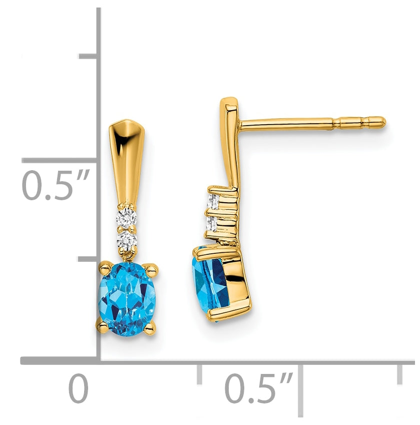 14K Yellow Gold Oval Blue Topaz and Diamond Dangle Earrings