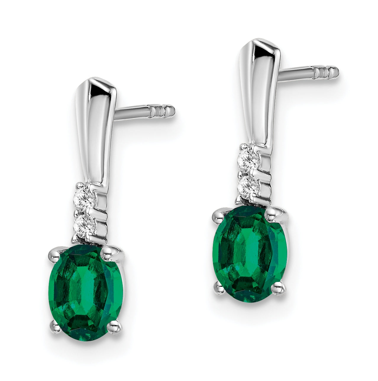 14k White Gold Oval Created Emerald and Diamond Dangle Earrings
