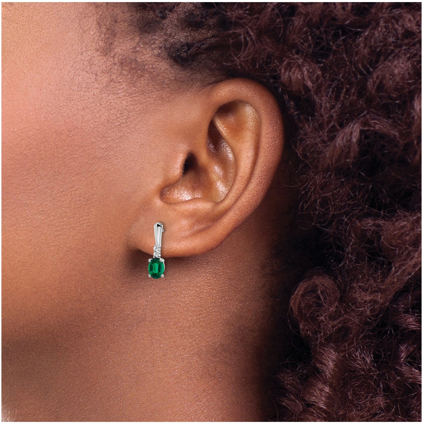 14k White Gold Oval Created Emerald and Diamond Dangle Earrings