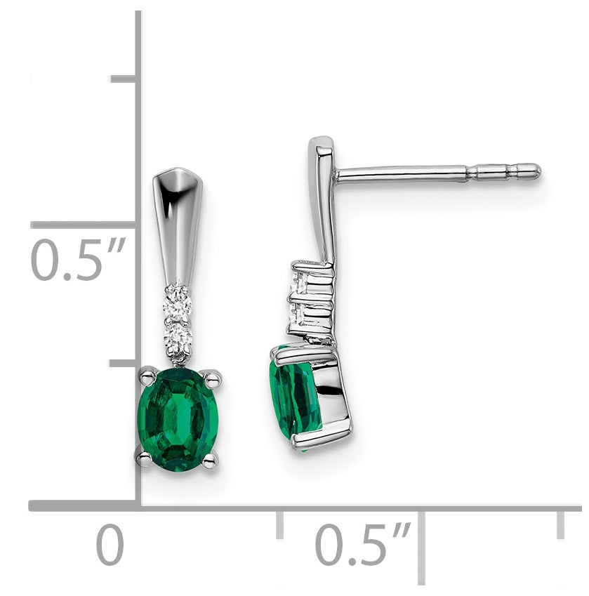 14k White Gold Oval Created Emerald and Diamond Dangle Earrings