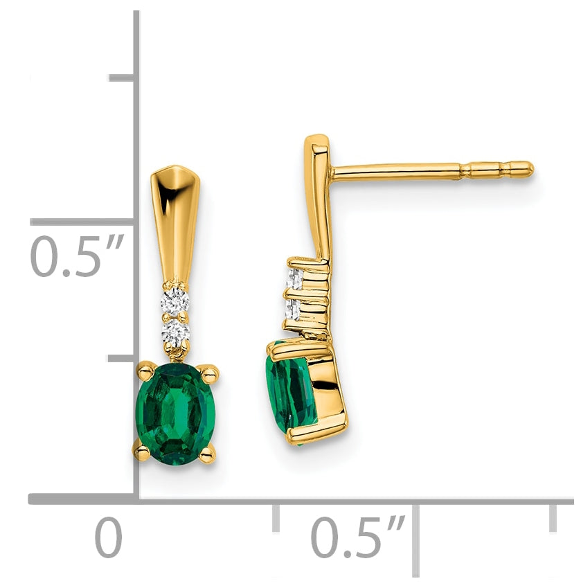 14K Yellow Gold Oval Created Emerald and Diamond Dangle Earrings