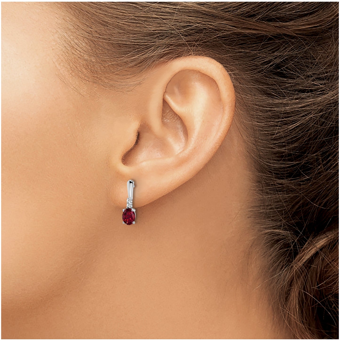14k White Gold Oval Created Ruby and Diamond Dangle Earrings