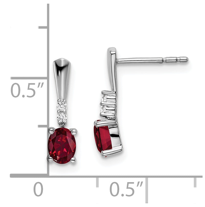 14k White Gold Oval Created Ruby and Diamond Dangle Earrings