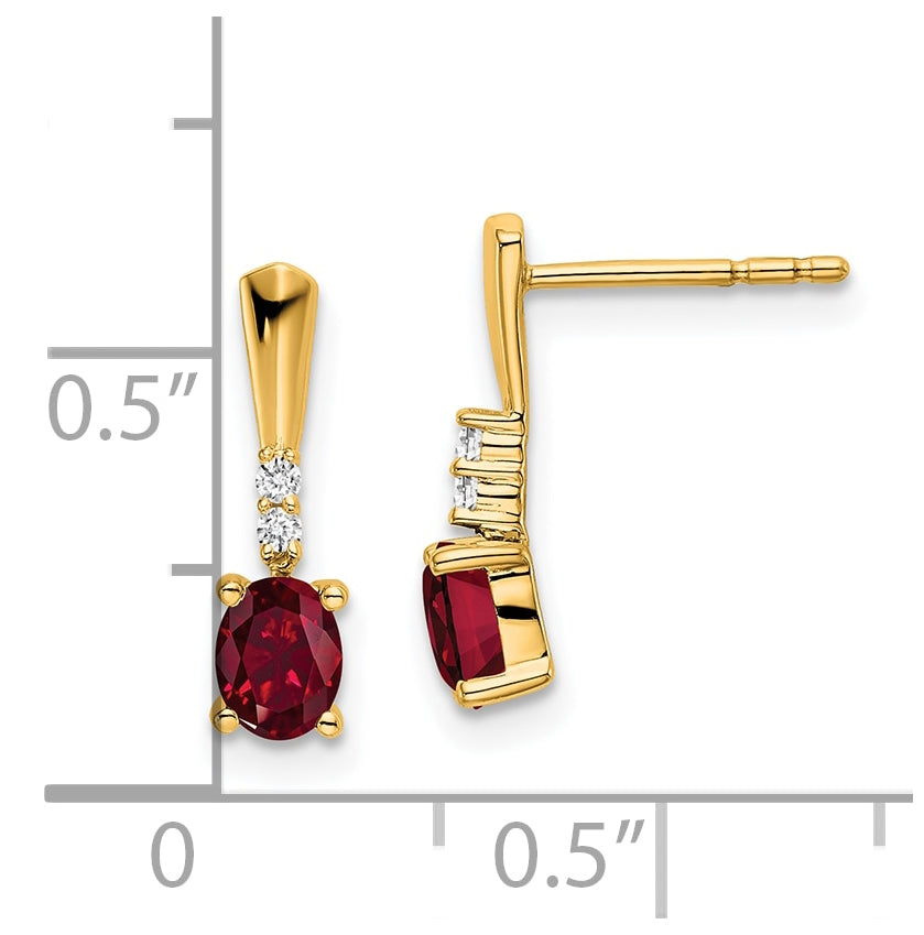 14K Yellow Gold Oval Created Ruby and Diamond Dangle Earrings