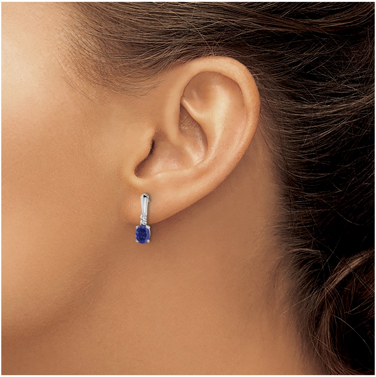 14k White Gold Oval Created Sapphire and Diamond Dangle Earrings