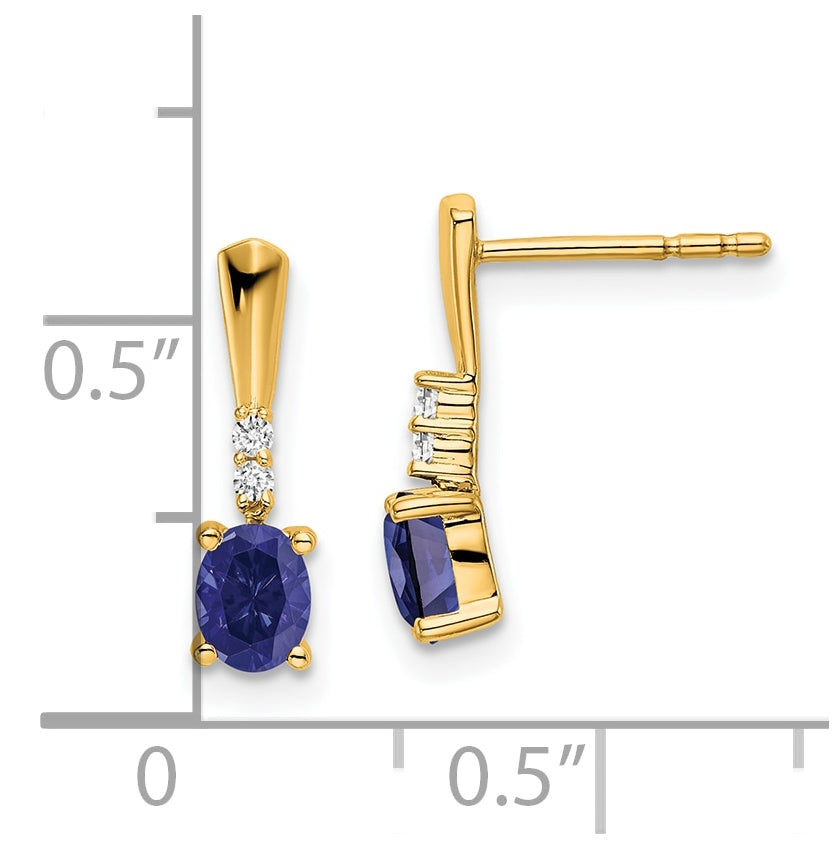 14K Yellow Gold Oval Created Sapphire and Diamond Dangle Earrings