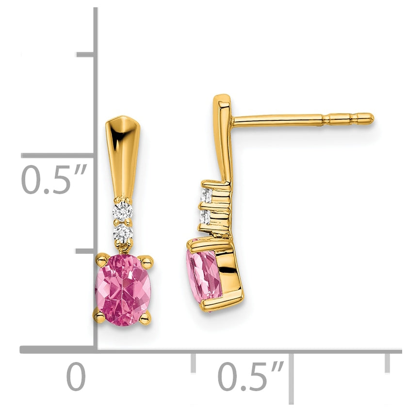 14K Yellow Gold Oval Pink Tourmaline and Diamond Dangle Earrings