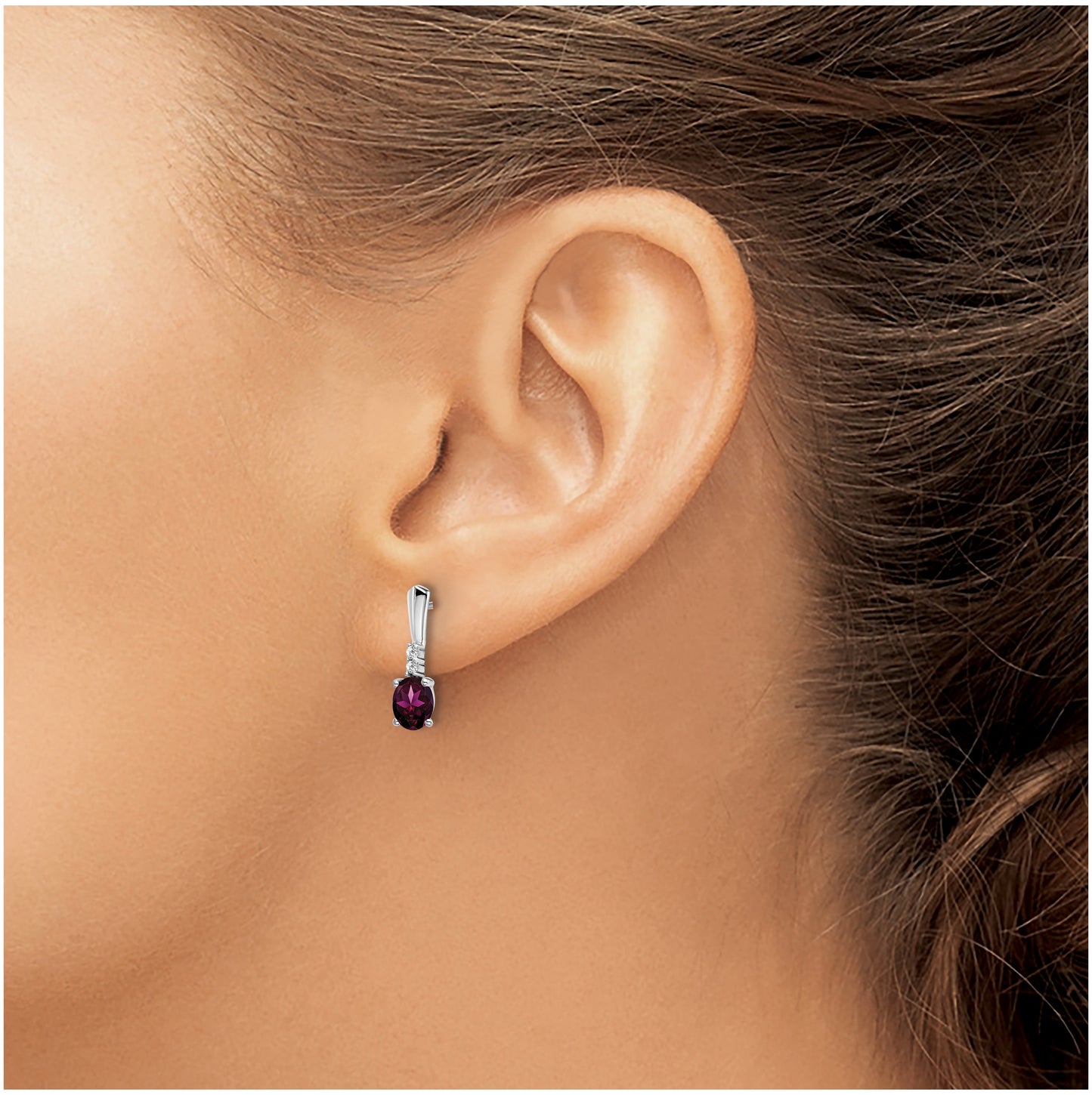 14k White Gold Oval Rhodolite Garnet and Diamond Dangle Earrings