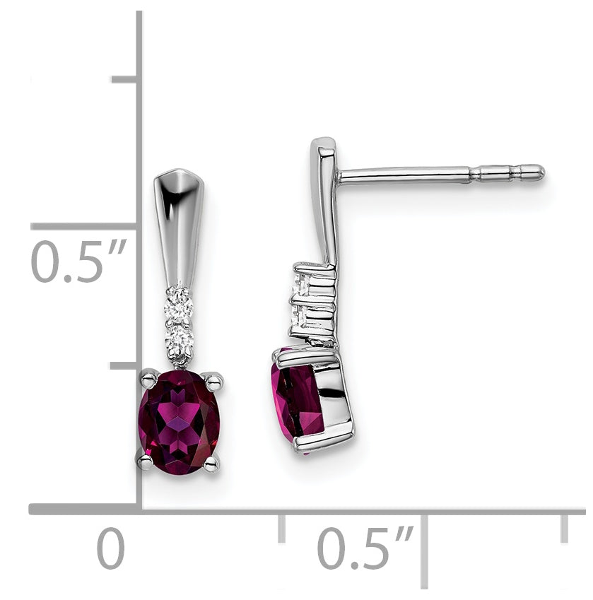 14k White Gold Oval Rhodolite Garnet and Diamond Dangle Earrings