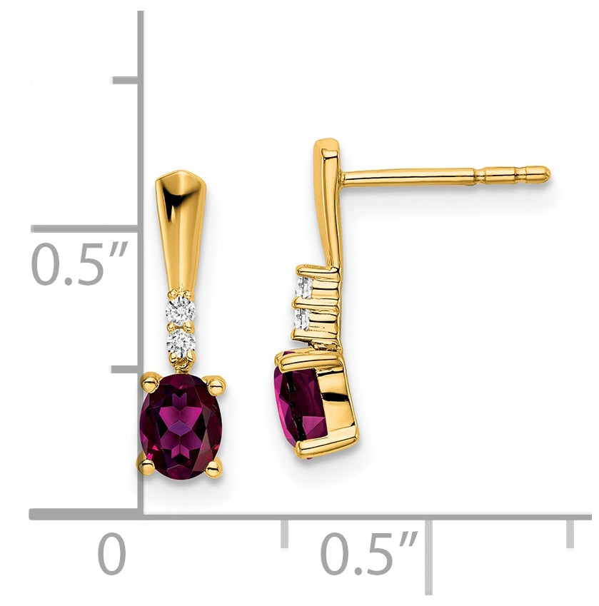 14K Yellow Gold Oval Rhodolite Garnet and Diamond Dangle Earrings