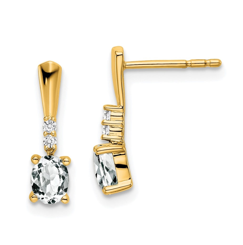 14K Yellow Gold Oval White Topaz and Diamond Dangle Earrings