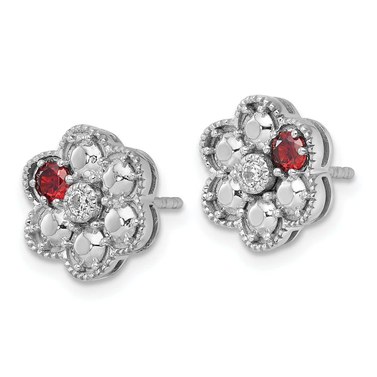 14K White Gold Diamond Flower 1 Genuine Birthstone Complete Earrings