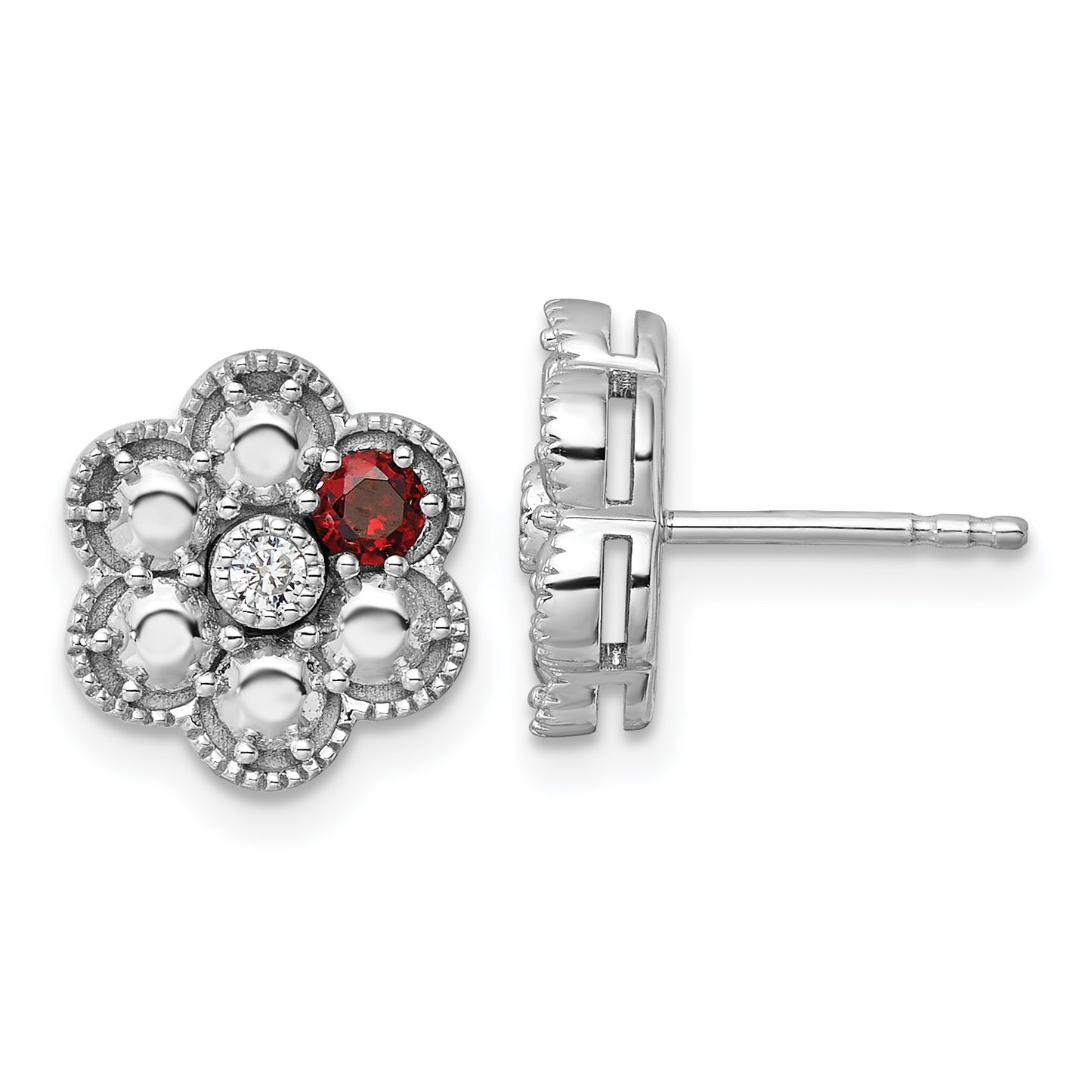 14K White Gold Diamond Flower 1 Genuine Birthstone Complete Earrings