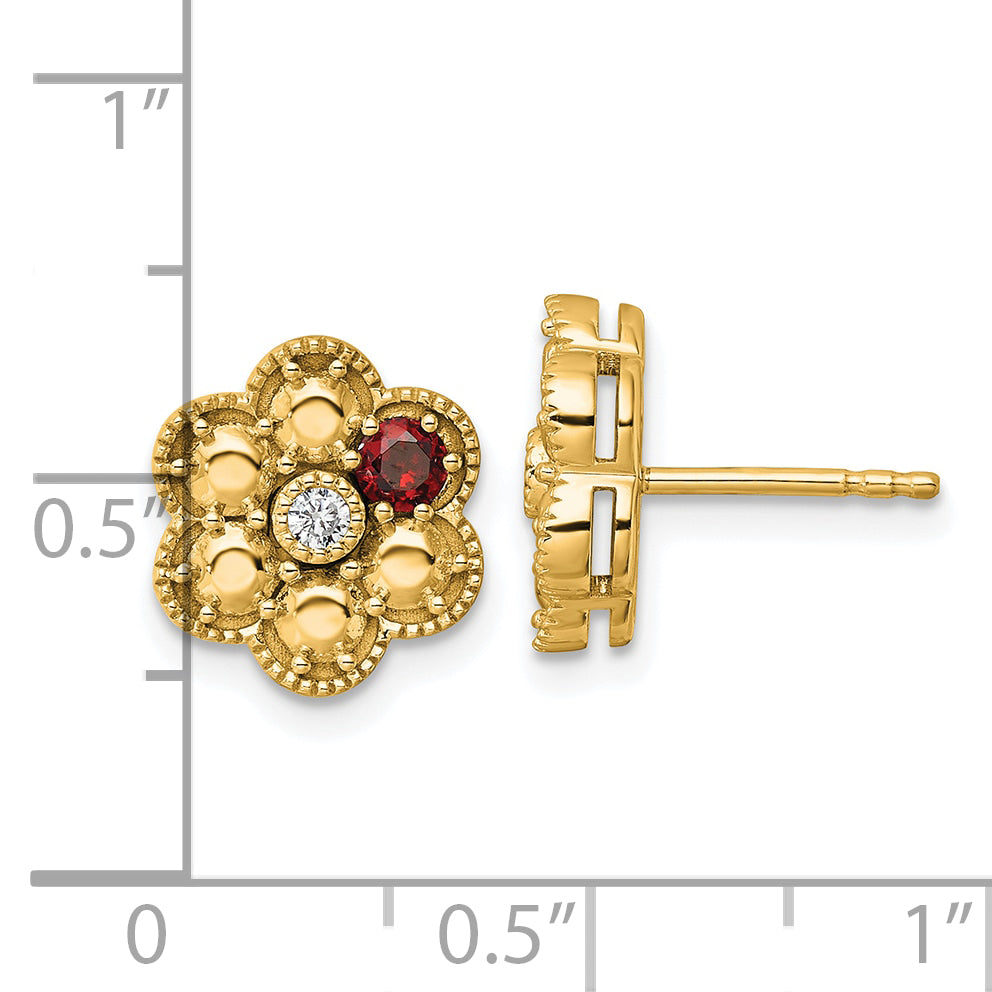 14K Yellow Gold Diamond Flower 1 Synthetic Birthstone Complete Earrings