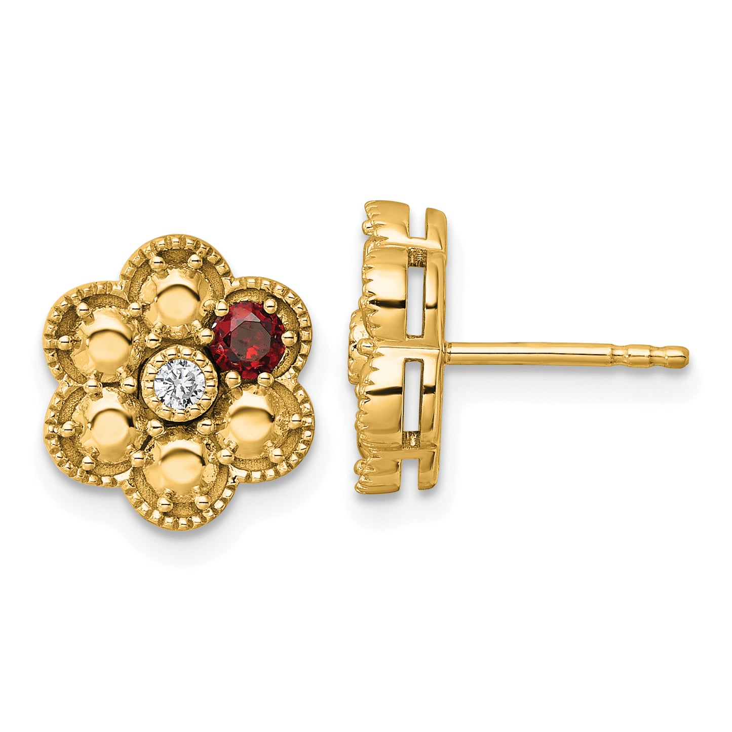 14K Yellow Gold Diamond Flower 1 Synthetic Birthstone Complete Earrings