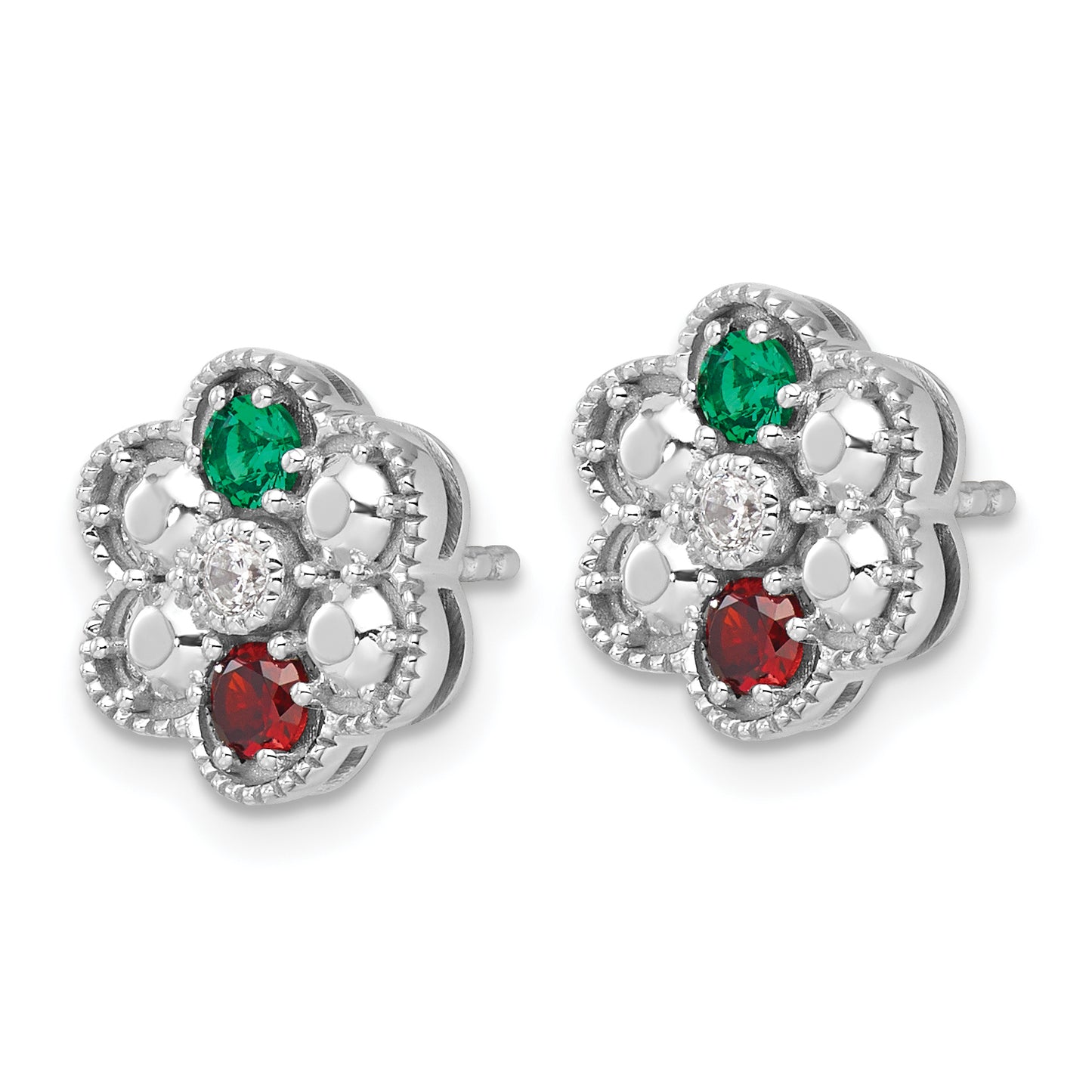 14K White Gold Diamond Flower 2 Genuine Birthstone Complete Earrings